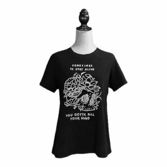 ChicYea Black & White Floral Skull Graphic Short Sleeve T-Shirt Size XL - Picture 2 of 8